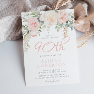 Blush & Sage Elegant Floral 90 Geburtstagsparty Einladung