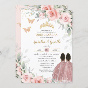 Blush Sage Floral Twins Brown Princess Quinceañera Einladung