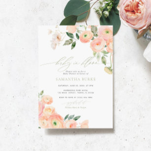 Blush & Sage Green Blume Baby in Blütendusche Einladung