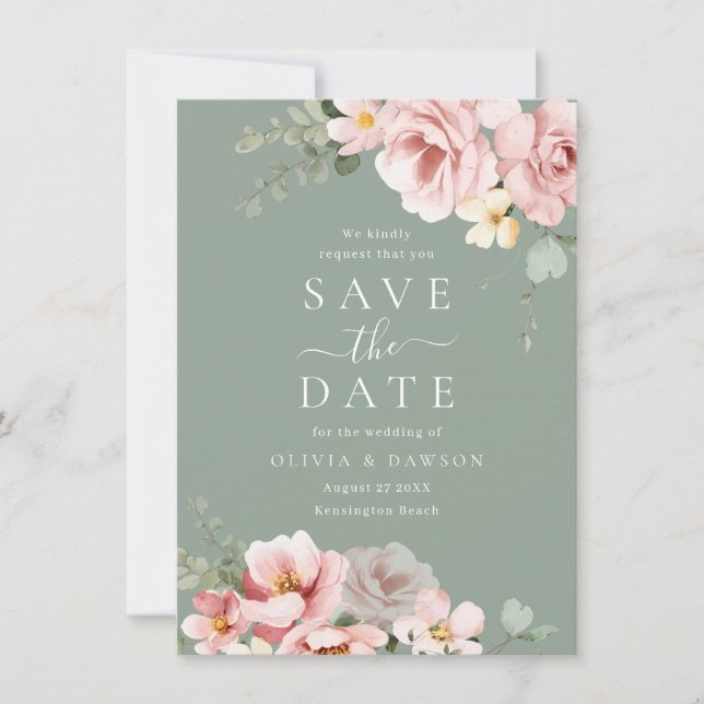 Blush & Sage Green Moderne Hochzeit Save The Date (Vorderseite)