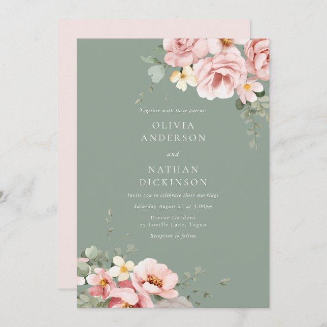 Blush & Sage Green Wedding Einladung (Vorne/Hinten)