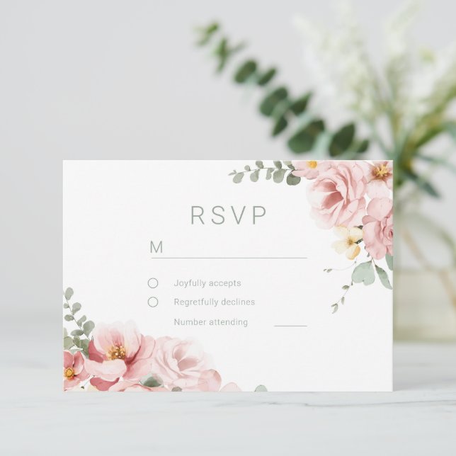Blush & Sage Grüne Göttliche Eleganz Hochzeit RSVP Karte (Stehend Vorderseite)