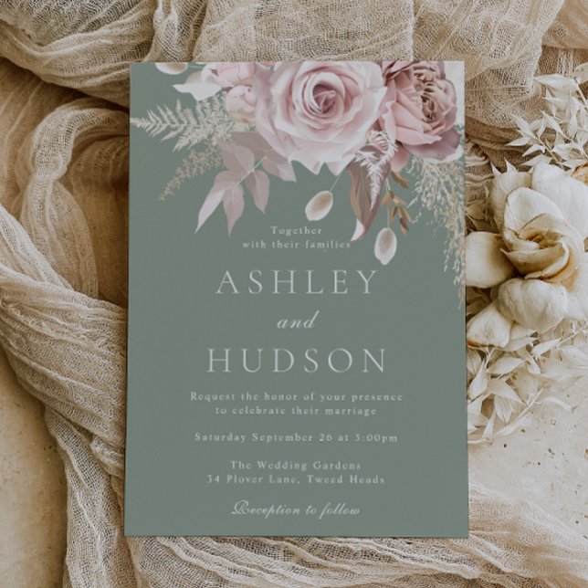 Blush & Sage Rosen Boho-Hochzeit Einladung (Von Creator hochgeladen)
