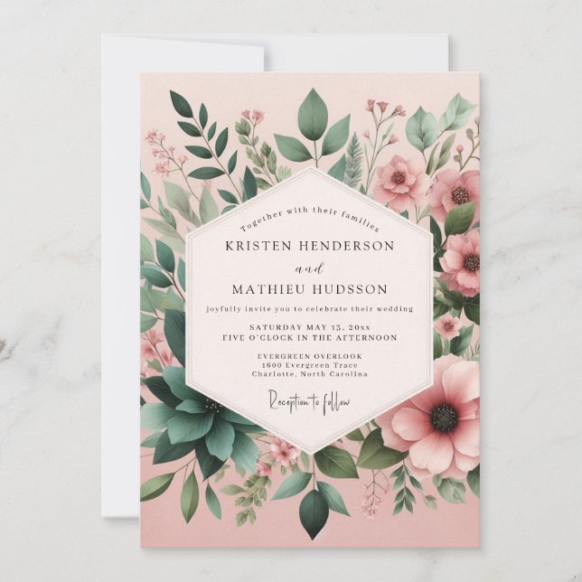 Blush Sage Succulent Bloom Wedding Einladung (Vorderseite)