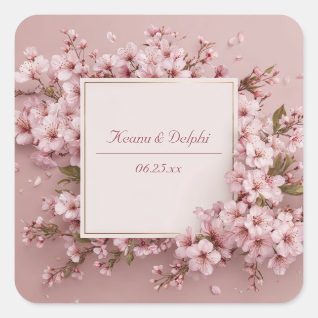 Blush Sakura Cherry Blossom Hochzeit Quadratischer Aufkleber (Vorderseite)