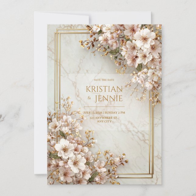 Blush Sakura Marble Gilded Frame Wedding Einladung (Vorderseite)