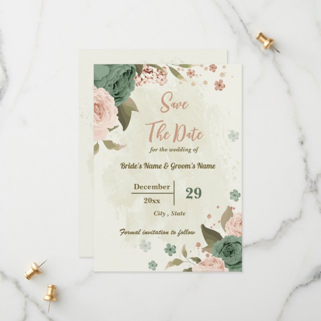 Blush & Salbei Blume botanische Hochzeit Save The Date (Vorderseite/Rückseite Beispiel)