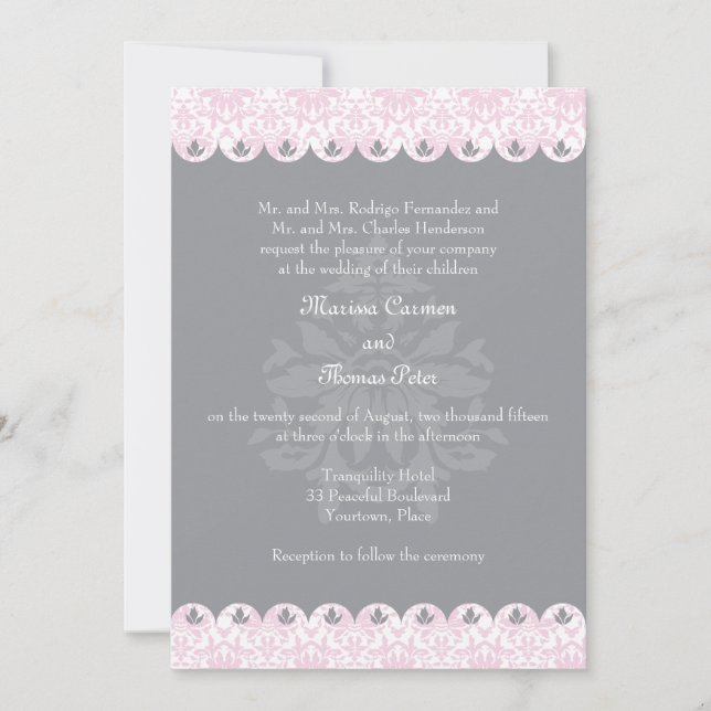 Blush Scalloped Damask Hochzeitseinladung Einladung (Vorderseite)