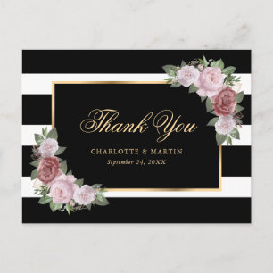 Blush Schwarz-weiß Gold Floral Wedding Vielen Dank Postkarte