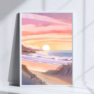Blush Sea Sonnenuntergang Strand Aquarellmalerei Poster