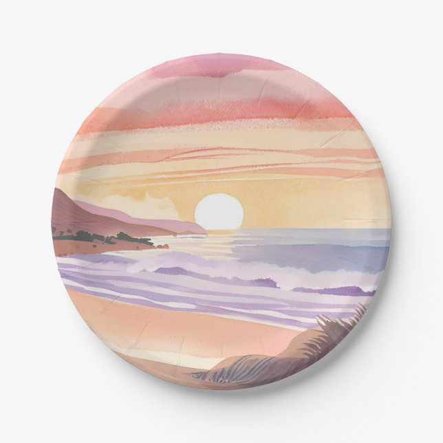 Blush Sea Sunset | Beach Watercolor Painting Pappteller (Vorderseite)