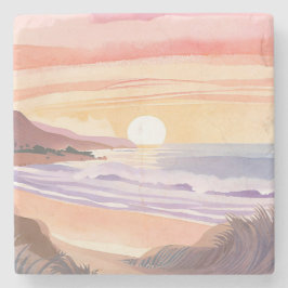 Blush Sea Sunset | Beach Watercolor Painting Steinuntersetzer
