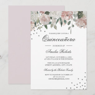Blush Silber-Aquarell-Blumen-Quinceanera Einladung