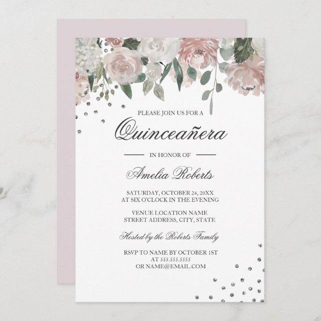 Blush Silber Aquarellfarben Quinceanera Einladung (Vorne/Hinten)