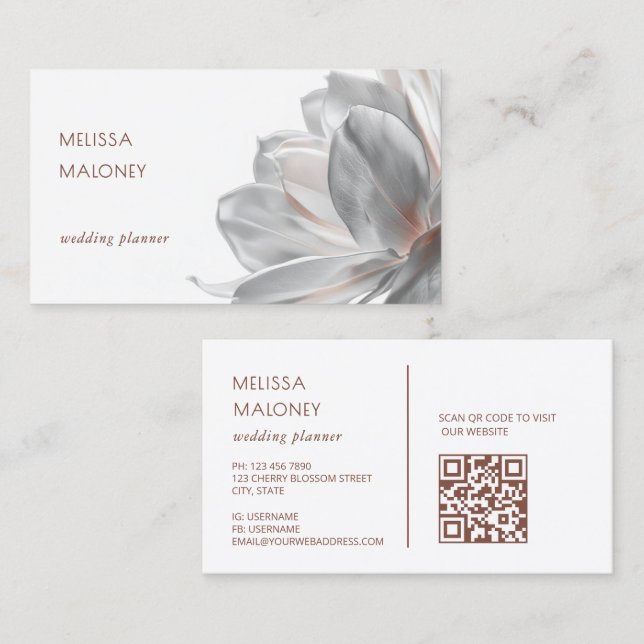 Blush Silber Magnolie Weiß QR Code Visitenkarte (Vorne/Hinten)