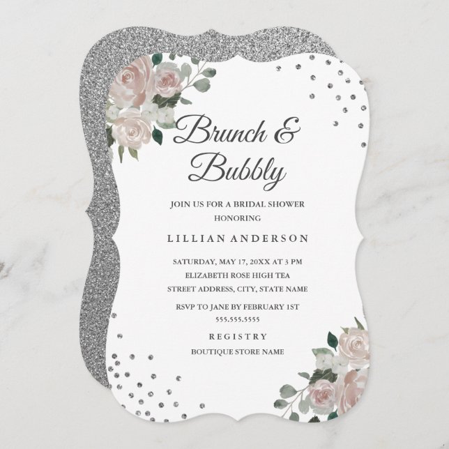 Blush Silver Floral Confetti Brunch und Bubbly Einladung (Vorne/Hinten)