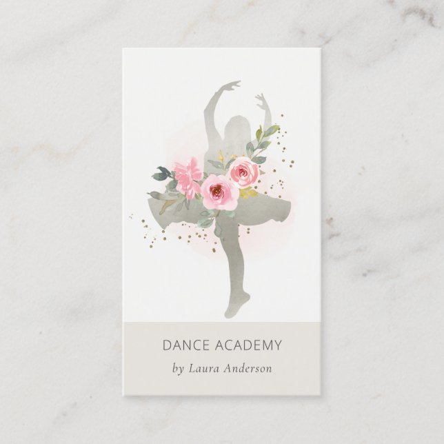 Blush Silver Floral Girl Dancer Academy Logo Visitenkarte (Vorderseite)