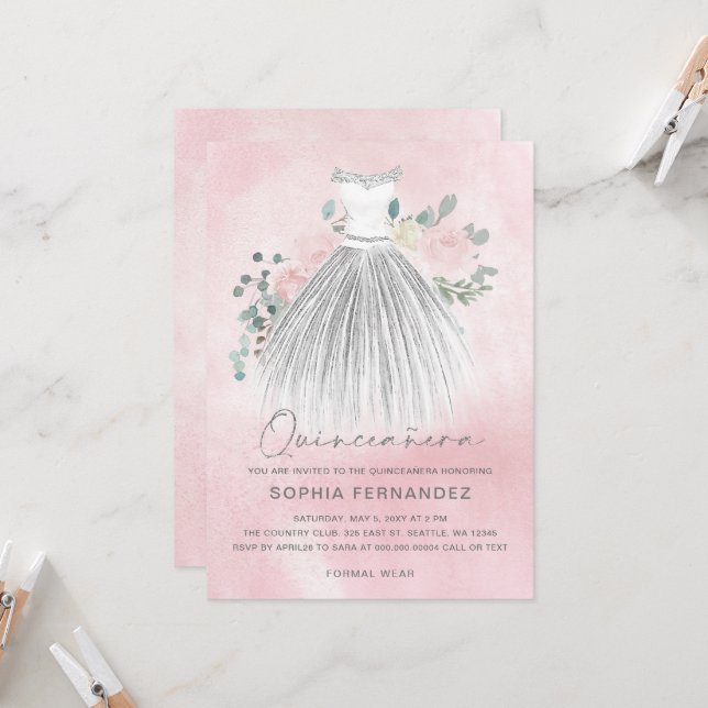 Blush Silver Glitzer Blumenkleid Quinceañera Einladung (Vorderseite/Rückseite Beispiel)