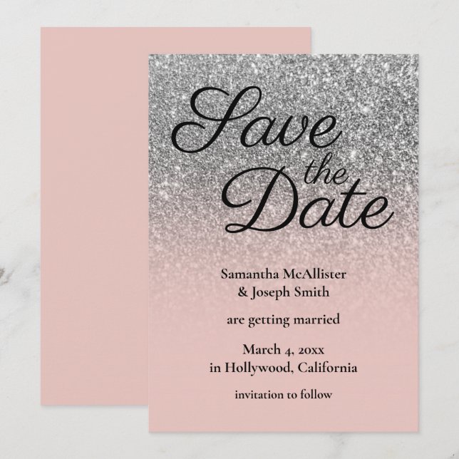 Blush Silver Ombre Glitzer Save the Date Einladung (Vorne/Hinten)