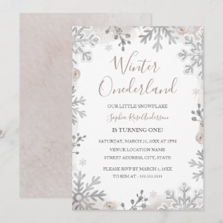 Blush Silver Winter Onederland 1. Geburtstag Einladung