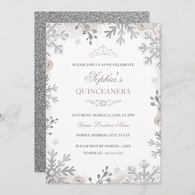 Blush Silver Winter Wonderland Quinceanera Einladung (Vorne/Hinten)