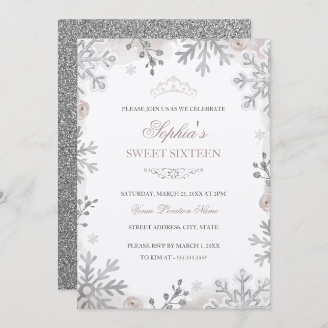 Blush Silver Winter Wonderland Sweet 16. Geburtsta Einladung (Vorne/Hinten)