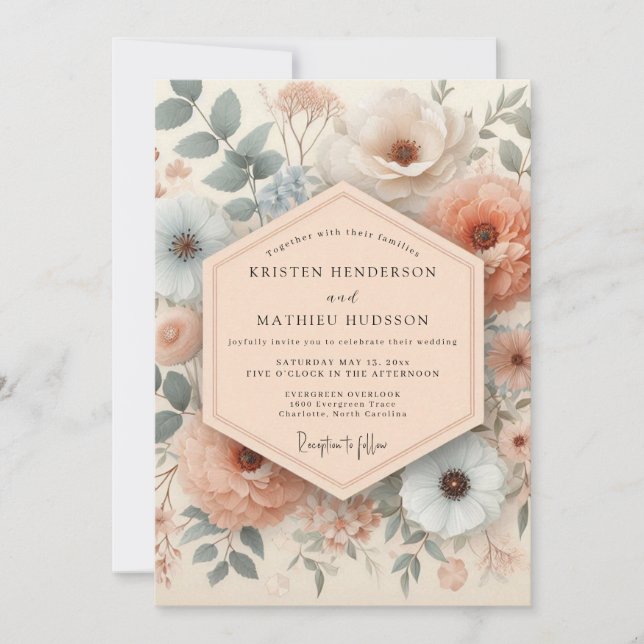 Blush & Slate Antique Floral Wedding Einladung (Vorderseite)