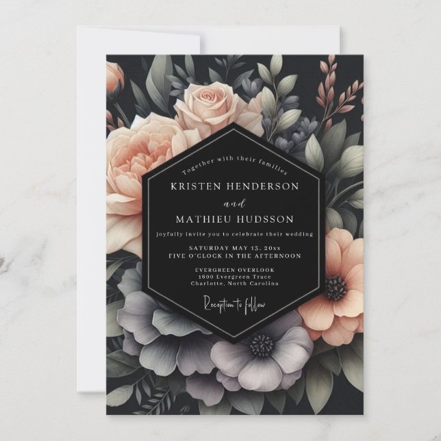 Blush & Slate Dramatic Bloom Wedding Einladung (Vorderseite)