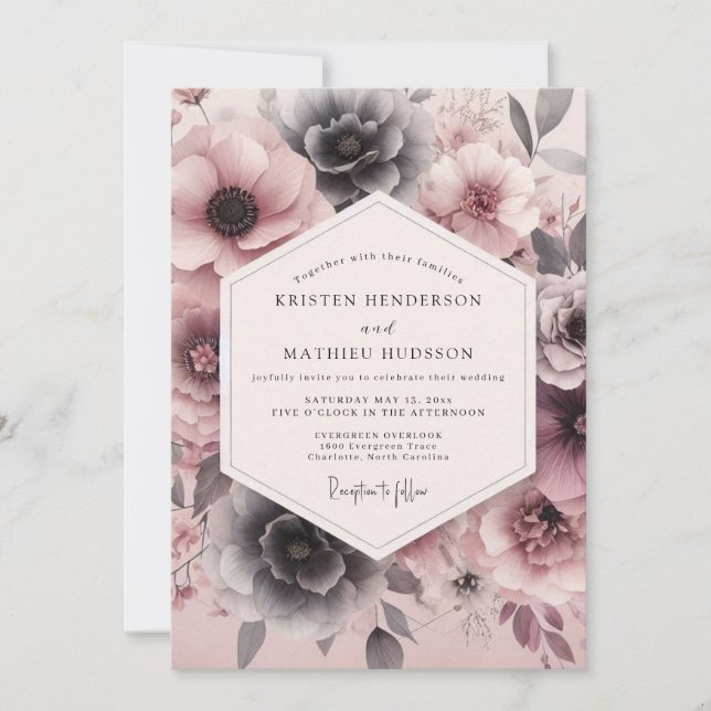Blush Slate Moody Bloom Wedding Einladung (Vorderseite)