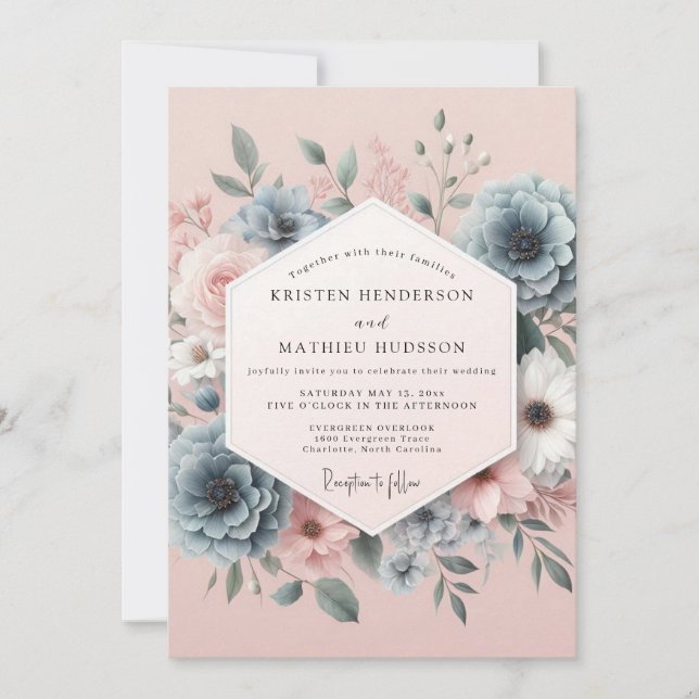 Blush Slate Romantic Bloom Wedding Einladung (Vorderseite)