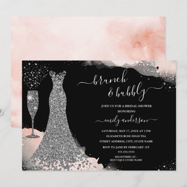 Blush Sparkress Brunch & Bubbly Brautparty Einladung (Vorne/Hinten)