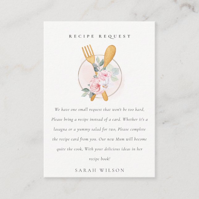 Blush Spoon Gabel Blumenrezepte Anfrage Babydusche Begleitkarte (Vorderseite)