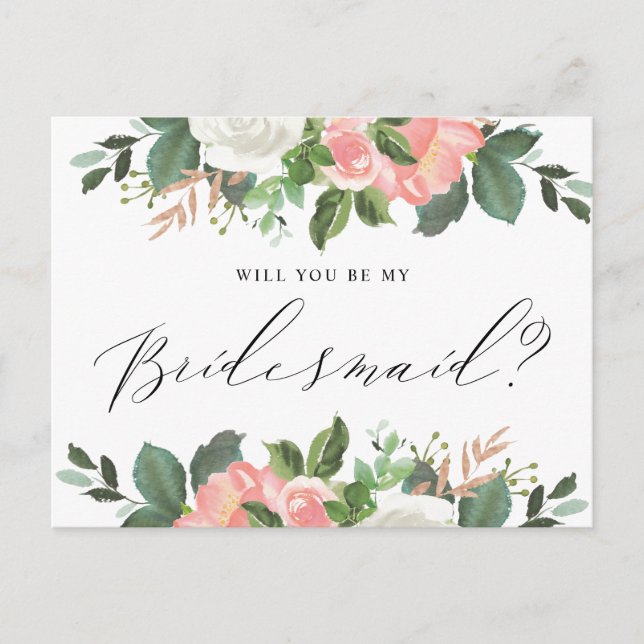 Blush Spring Floral wirst du meine Bridesmaid sein Postkarte (Vorderseite)