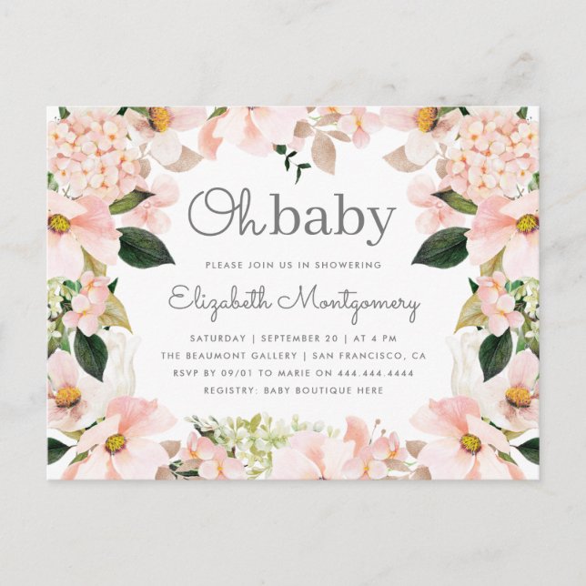 Blush Spring Floral Wreath Oh Baby Dusche Einladungspostkarte (Vorderseite)