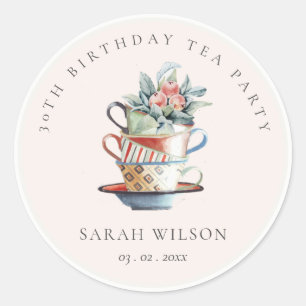 Blush Stacked Cups Any Age Birthday Tea Party Runder Aufkleber