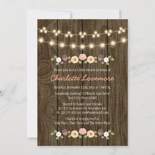 Blush String of Lights Fall Rustic Baby Shower Einladung (Vorderseite)