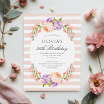 Blush Strip und Blütenbrunch Party Einladung<br><div class="desc">Erschwingliche, individuell bedruckte 30. Geburtstagsbrunch-Einladungen personalisiert mit Ihren Veranstaltungsdetails. Dieses hübsche botanische Design besticht durch einen Aquarellrahmen aus Pfirsich- und Lavendelholz-Blume auf einem rot gestreiften Hintergrund. Verwenden Sie die Designtools, um den Text anzupassen, bearbeiten Sie die Schriftart und Farben oder fügen Sie Ihre eigenen Fotos zu einer eleganten Frühjahrsflora Geburtstagsfeier...</div>