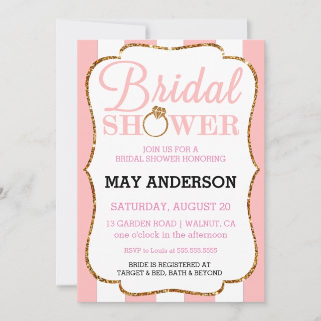 Blush Stripe Gold Glitzer Bridal Dusche Einladung (Vorderseite)