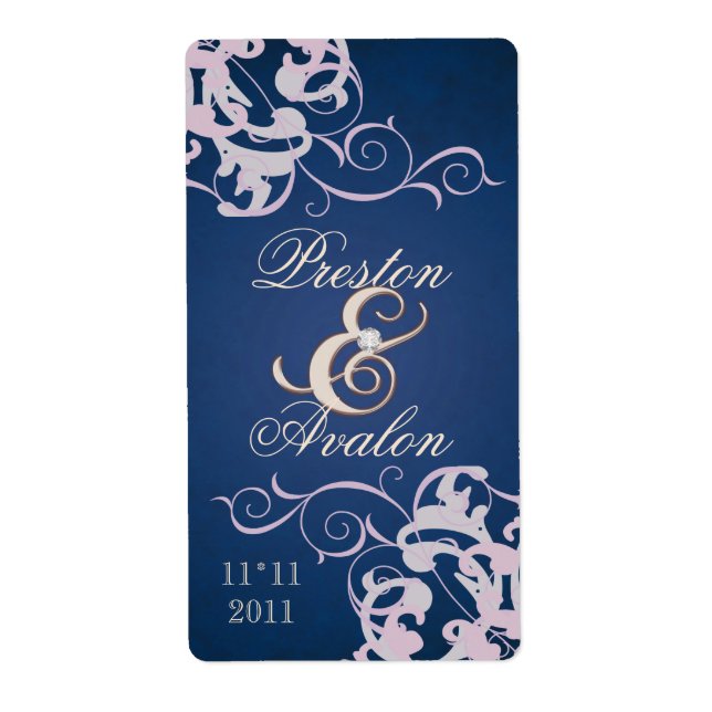 Blush Swirl Rose Gold Jeweled Blue Wine Label (Vorne)