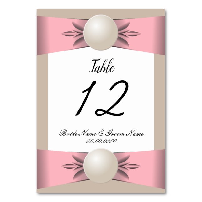 Blush & Tan Pearl Ribbon Wedding Tischnummer (Vorderseite)