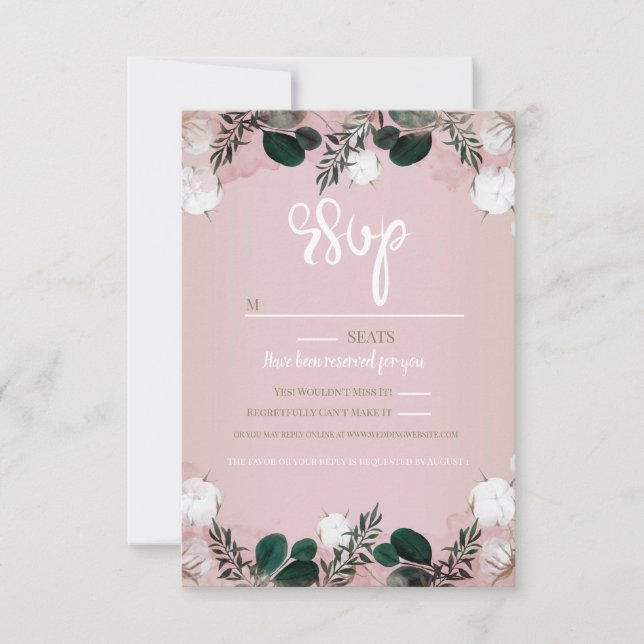 Blush Taupe Baumwolle Blumengrün Rustikale Hochzei RSVP Karte (Vorderseite)