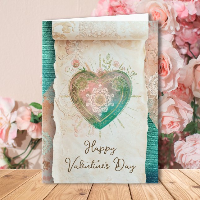 Blush Teal Baroque Sacred Heart Happy Valentines  Karte (Von Creator hochgeladen)