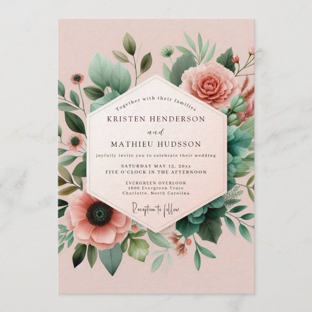 Blush Teal Botanical Wedding Einladung (Vorderseite)