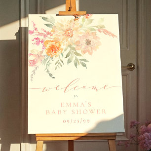 Blush Teal Spring Flowers Baby Shower Welcome Sign Poster