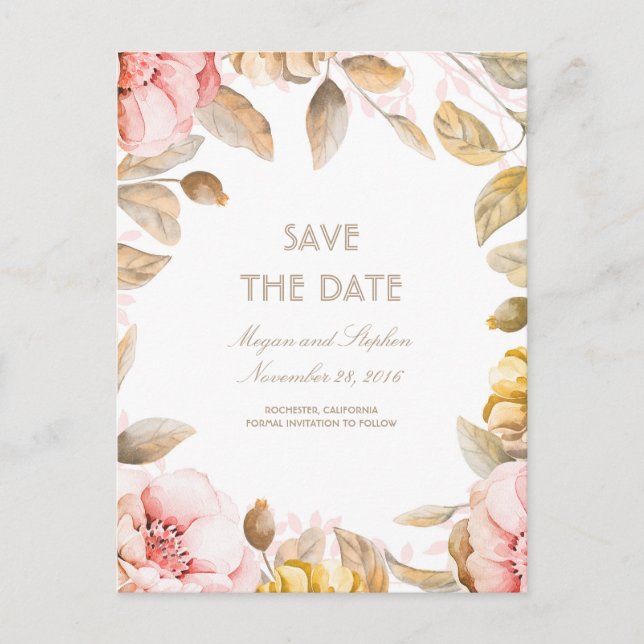 Blush und Goldflorale Wasserfarben Save the Date Ankündigungspostkarte (Vorderseite)