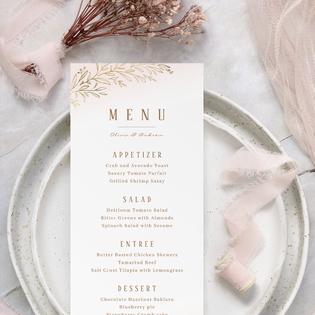Blush und goldvergoldete botanische Hochzeit Menükarte (Blush and gold gilded botanical elegant wedding menu)