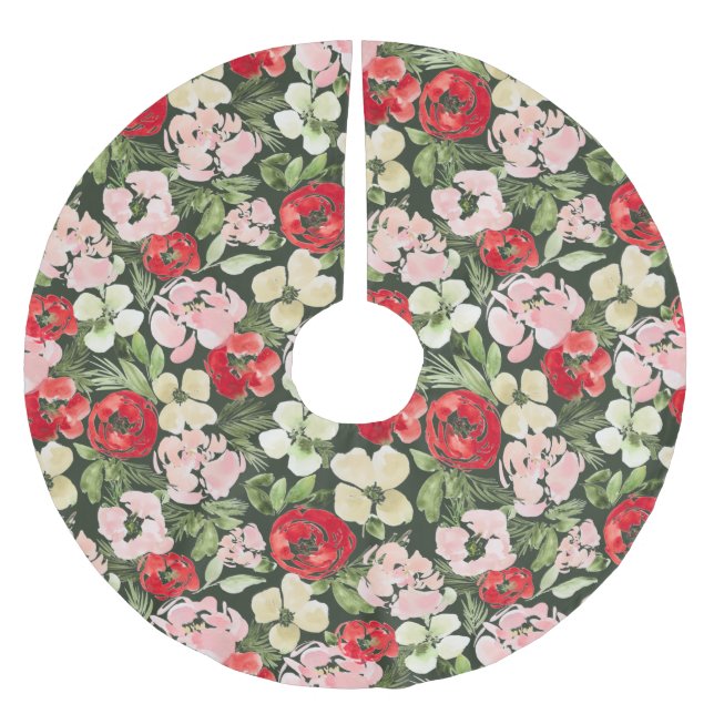 Blush und grüne Weihnachten Wasserfarben Blume Dun Polyester Weihnachtsbaumdecke (Vorderseite)
