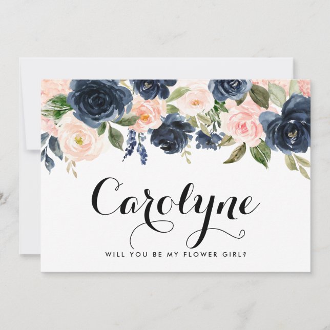 Blush und Navy Blume werden Sie mein Blumenmädchen Ankündigung (Vorderseite)