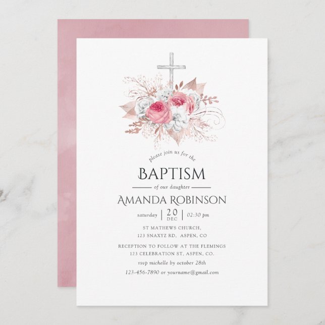 Blush und Rose Gold Bläsertaufen oder Weihnachten Einladung (Vorne/Hinten)