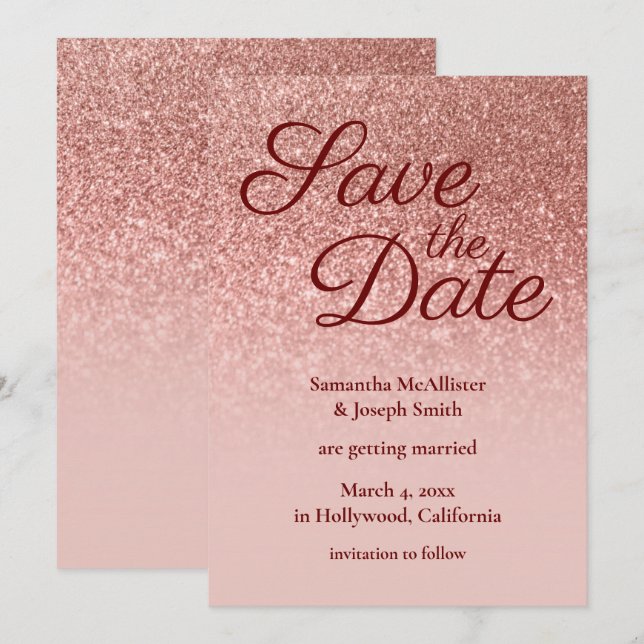 Blush und Rose Gold Ombre Glitzer Save the Date Einladung (Vorne/Hinten)